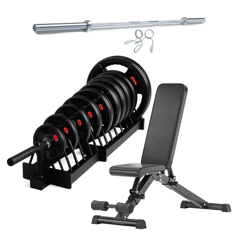 Horizontal weight plate rack set with adjustable bench