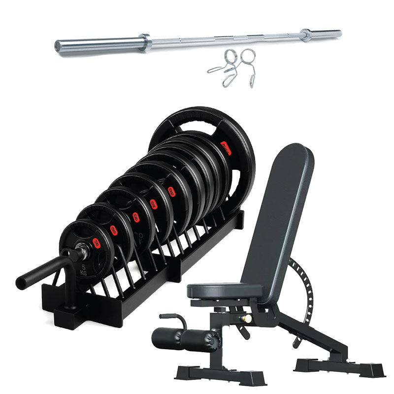 Horizontal weight plate rack set with adjustable bench