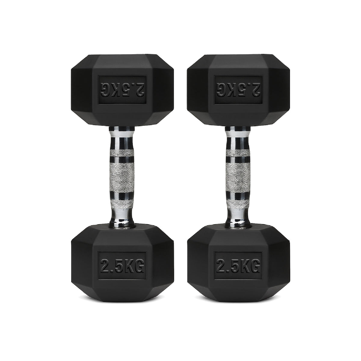 Pair of black hex dumbbells with chrome handles