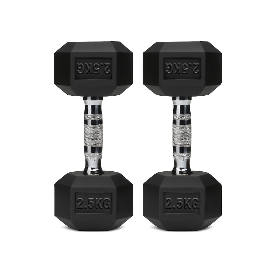Pair of black hex dumbbells with chrome handles