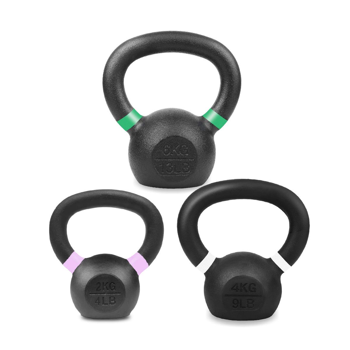 Set of cast iron kettlebells in assorted weights