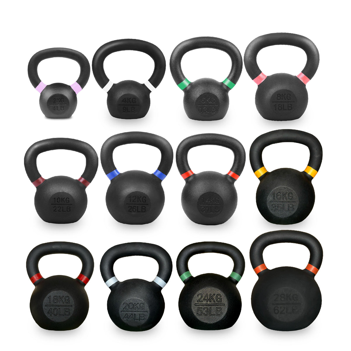 Set of cast iron kettlebells in assorted weights