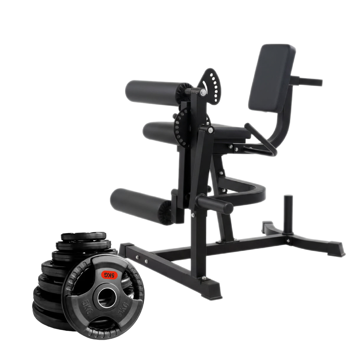 Leg extension and curl machine with weight plates