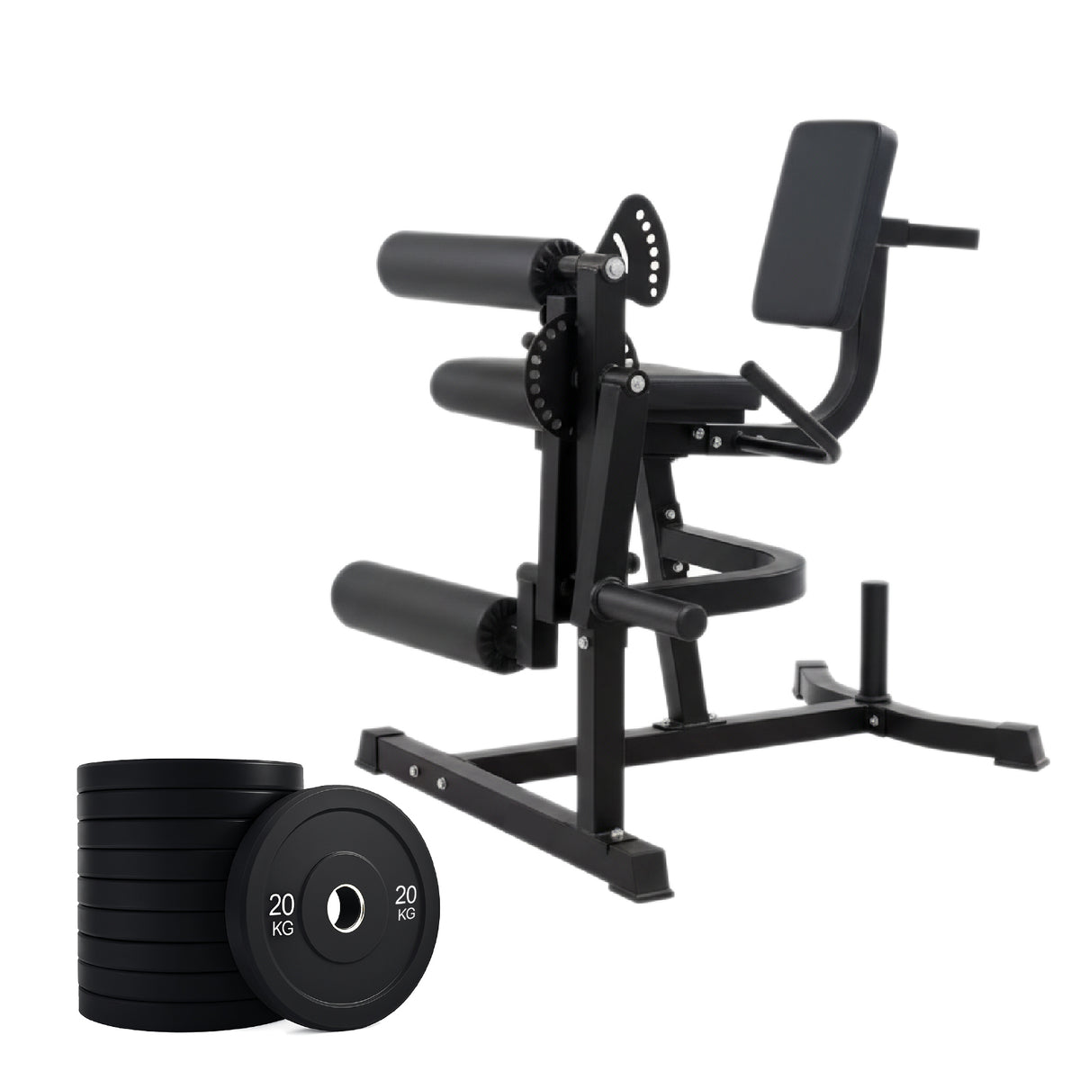 Leg extension and curl machine with weight plates