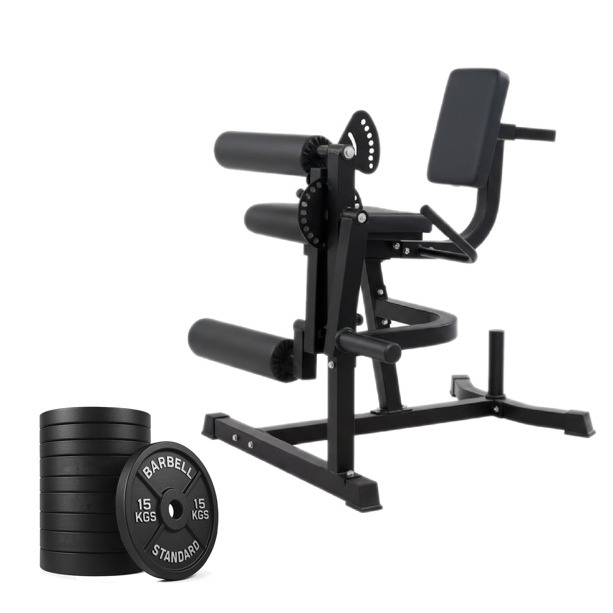 Leg extension and curl machine with weight plates