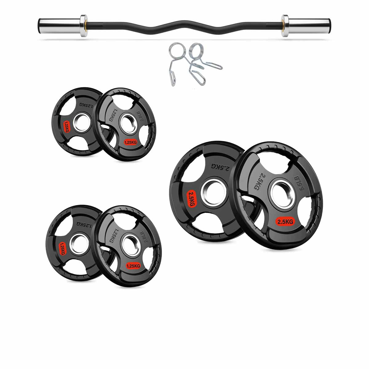 Olympic EZ curl bar with tri-grip weight plates and collars