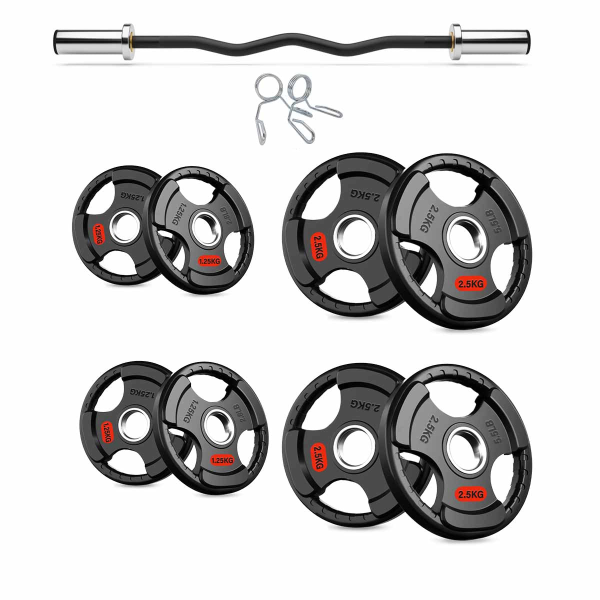 Olympic EZ curl bar with tri-grip weight plates and collars