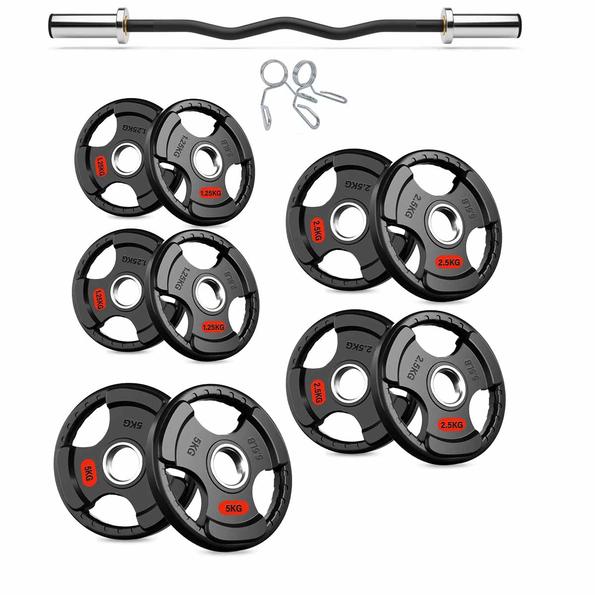 Olympic EZ curl bar with tri-grip weight plates and collars