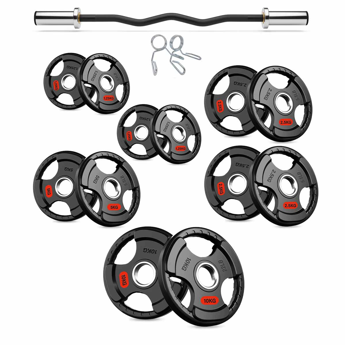 Olympic EZ curl bar with tri-grip weight plates and collars