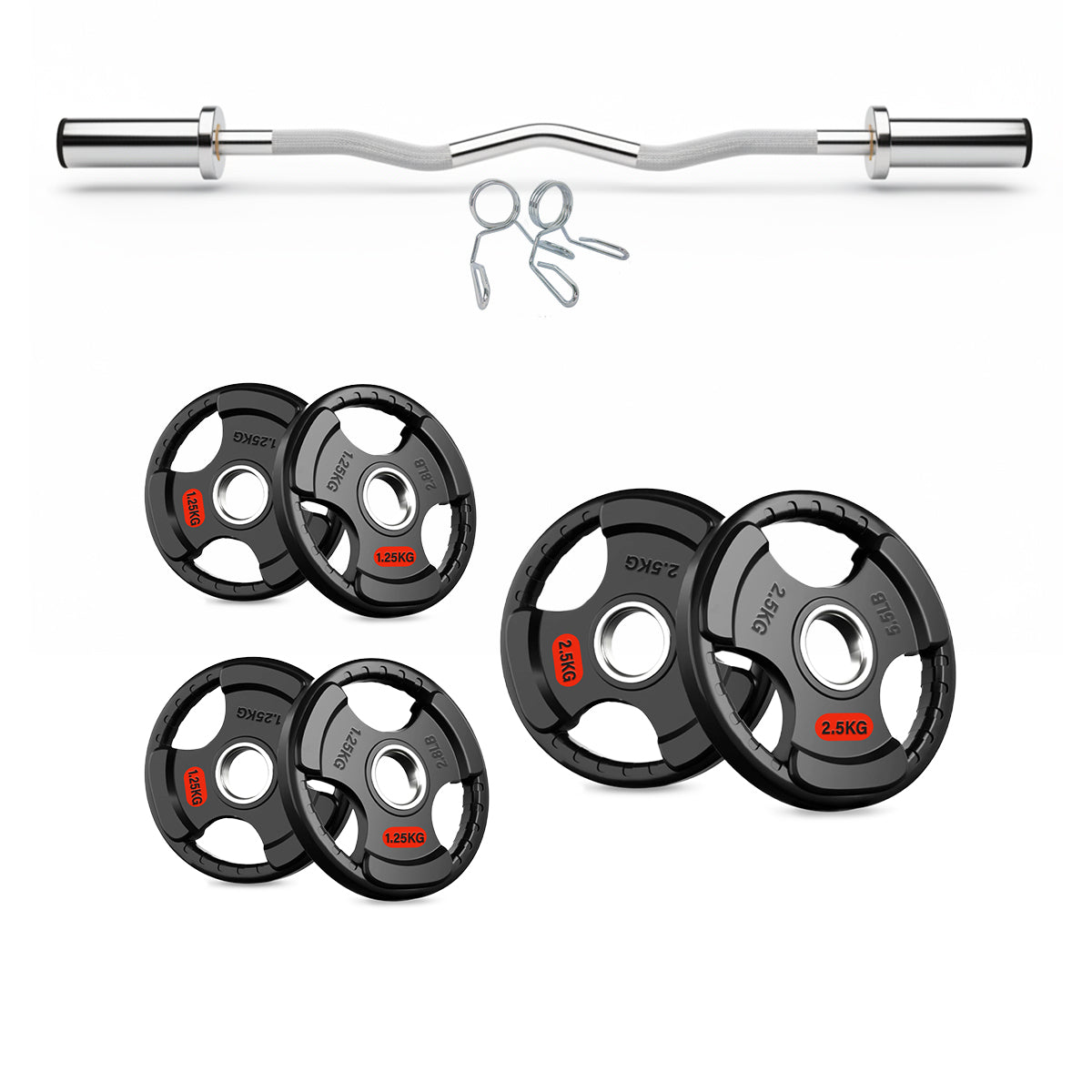 EZ curl bar, straight bar and tri-grip plate set