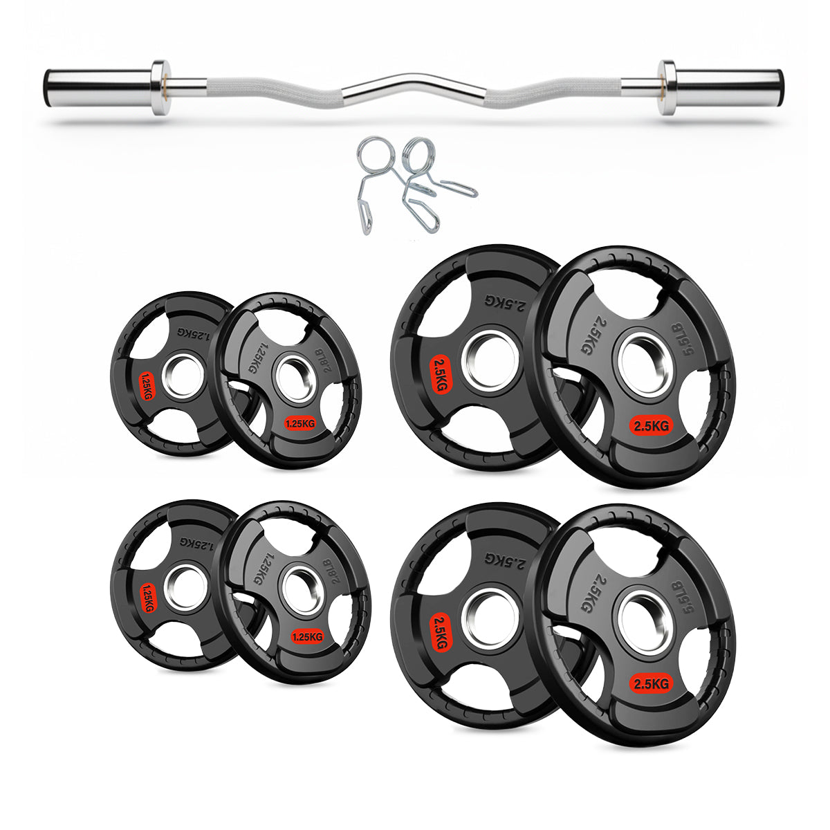 EZ curl bar, straight bar and tri-grip plate set