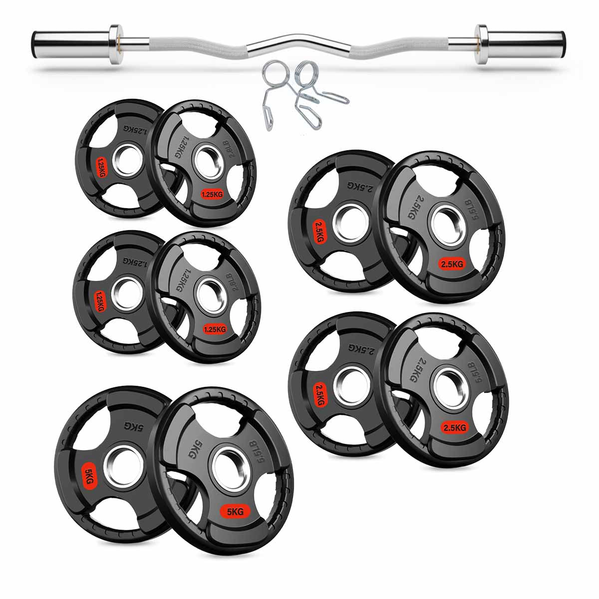 EZ curl bar, straight bar and tri-grip plate set