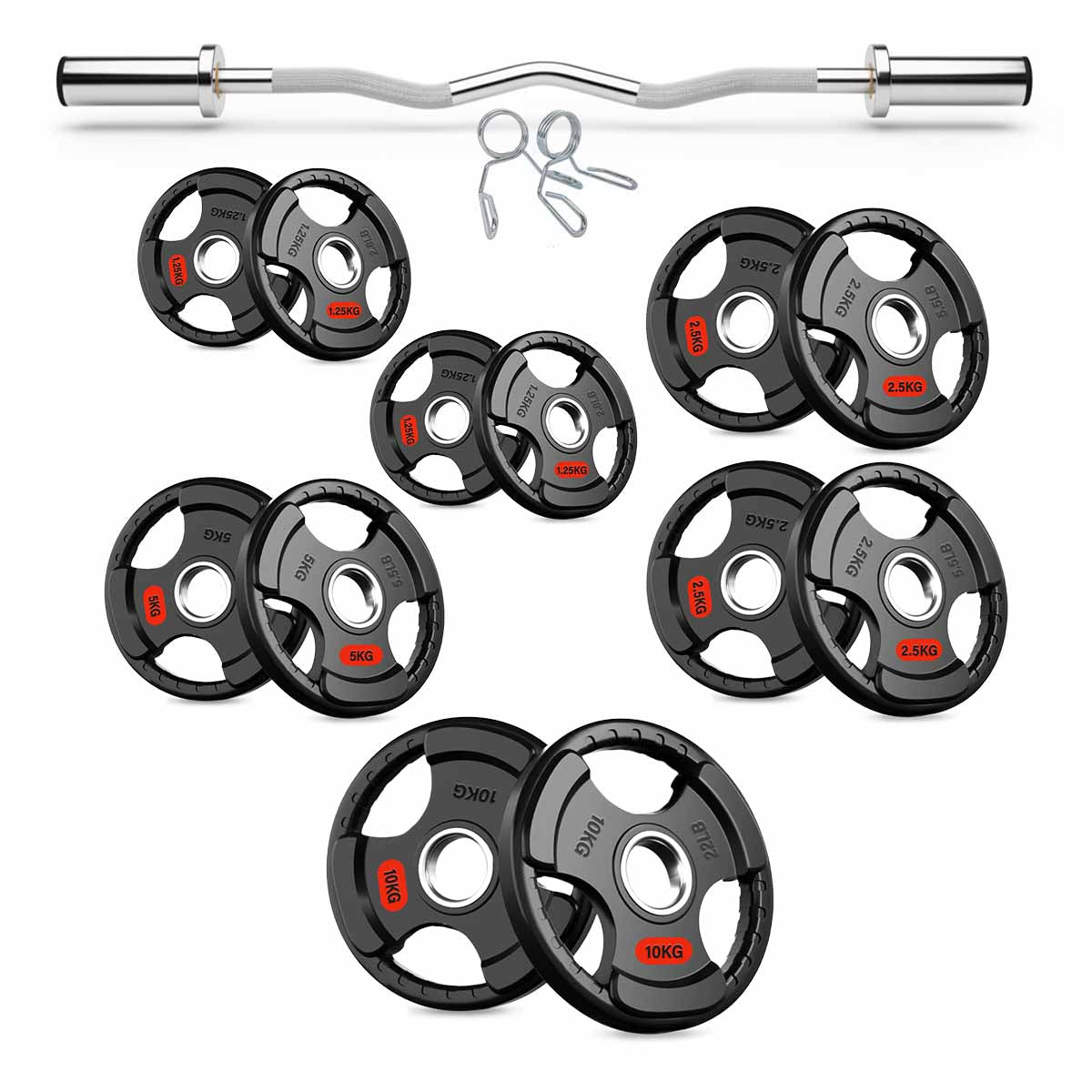 EZ curl bar, straight bar and tri-grip plate set