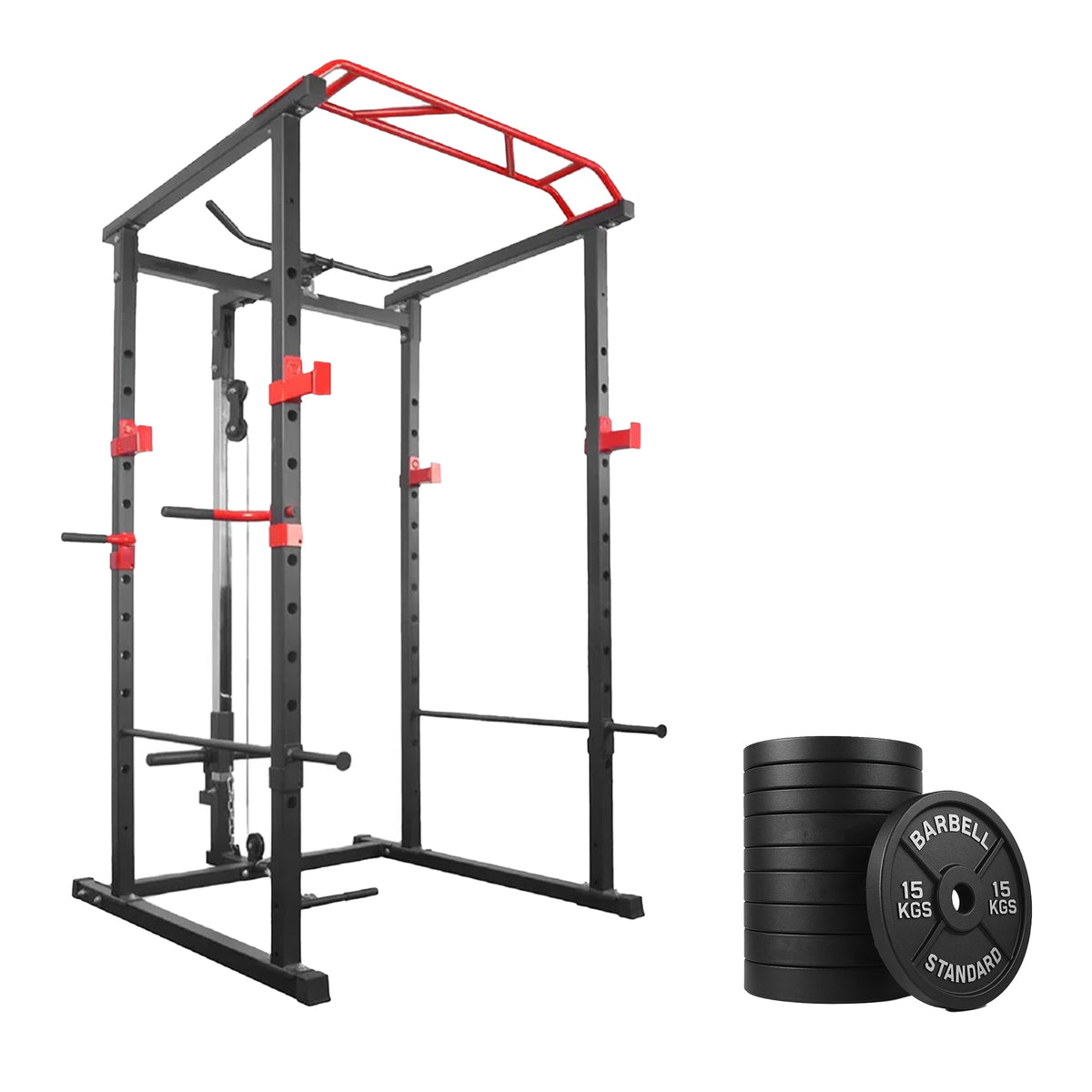 Power cage with weight plates and barbell options