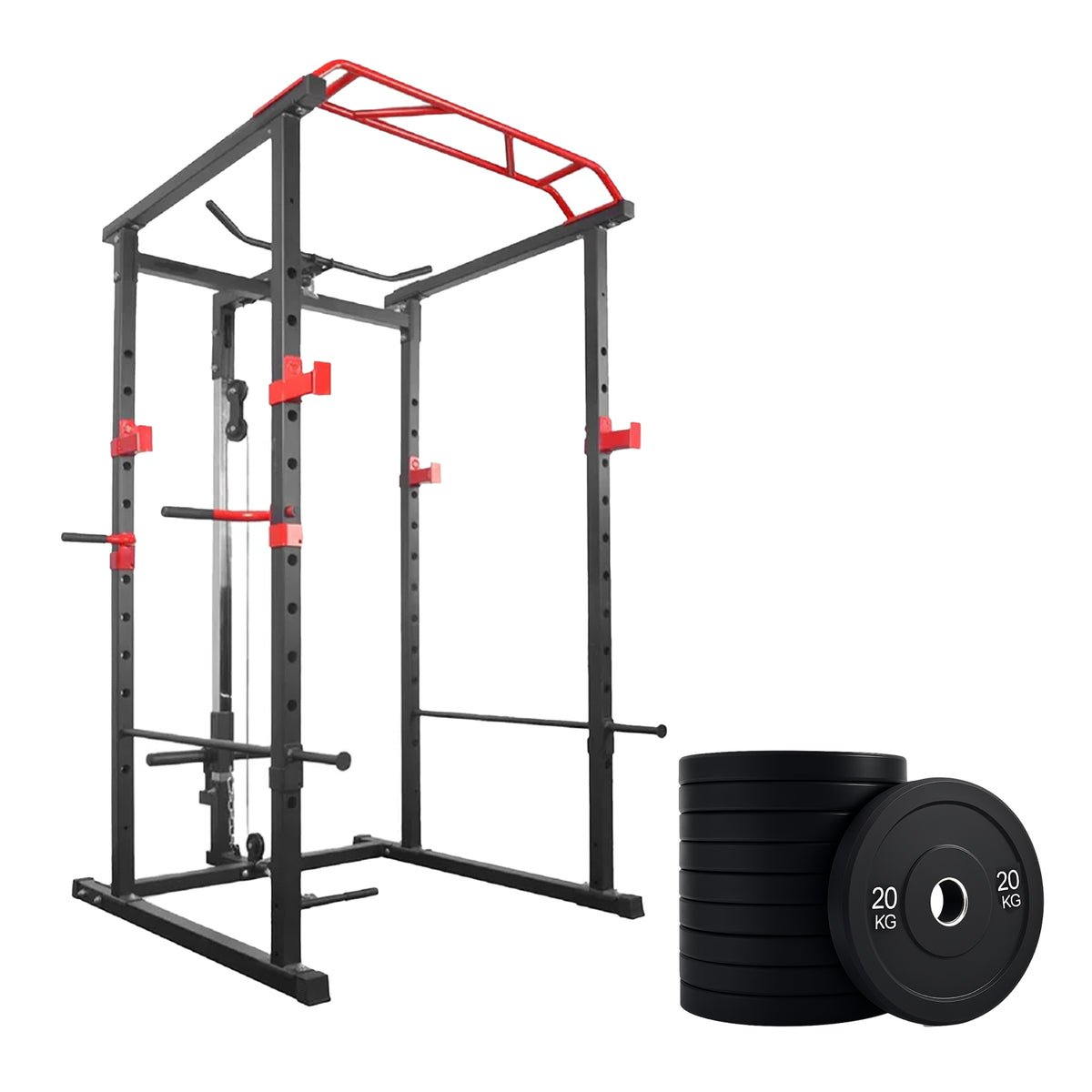 Power cage with weight plates and barbell options