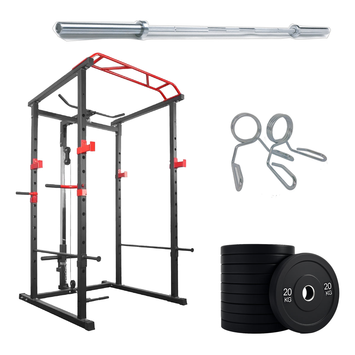 Power cage with weight plates and barbell options