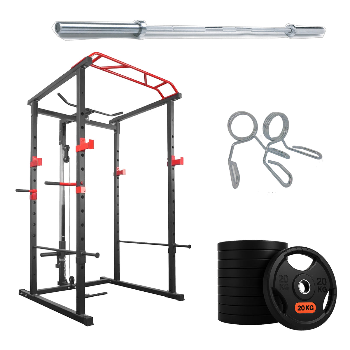 Power cage with weight plates and barbell options