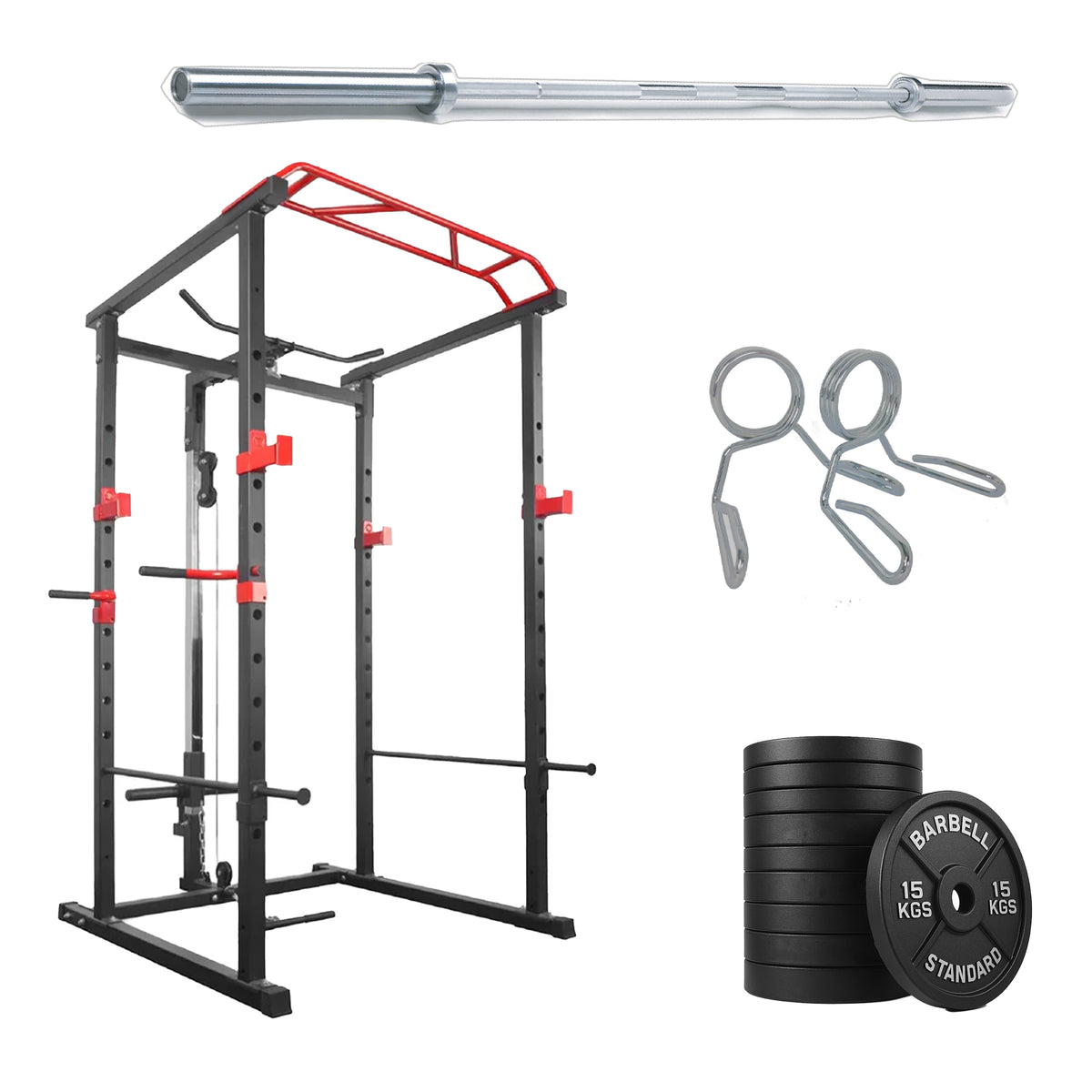 Power cage with weight plates and barbell options