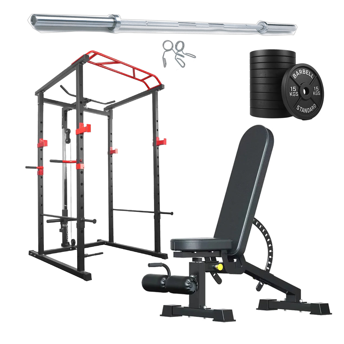 Power cage set with weight plates and adjustable bench