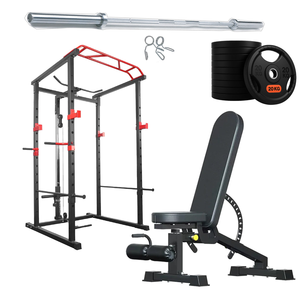 Power cage set with weight plates and adjustable bench