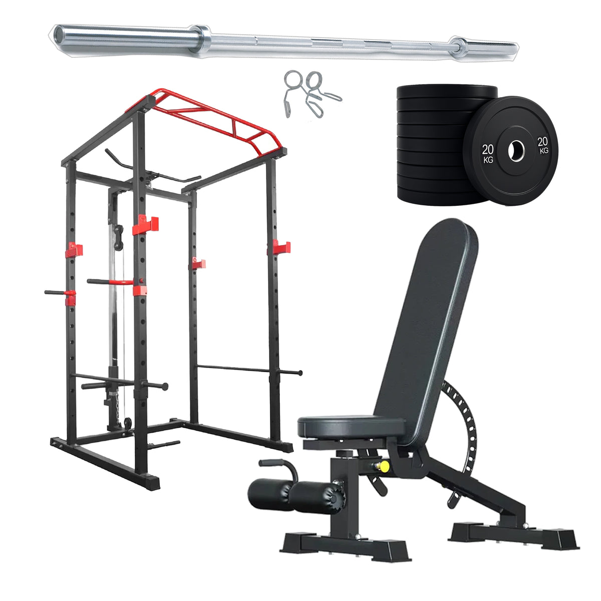 Power cage set with weight plates and adjustable bench