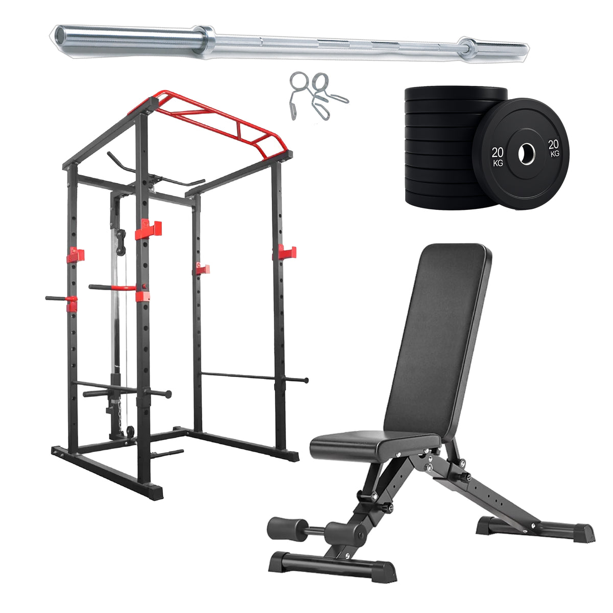 Power cage set with weight plates and adjustable bench