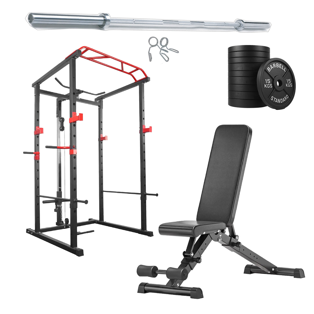 Power cage set with weight plates and adjustable bench