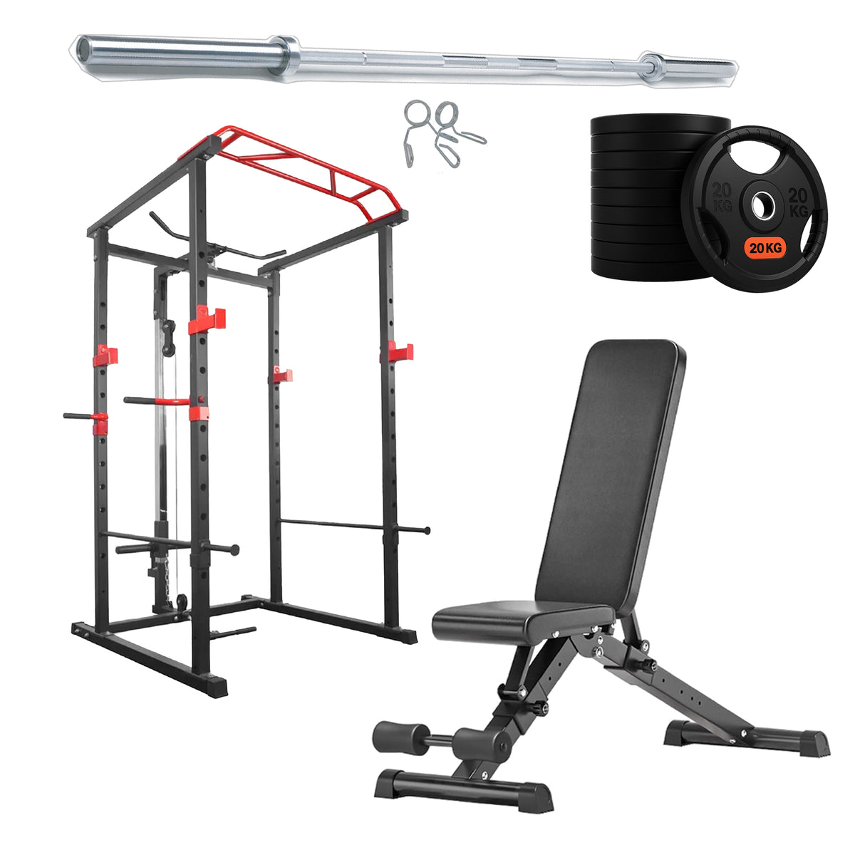 Power cage set with weight plates and adjustable bench