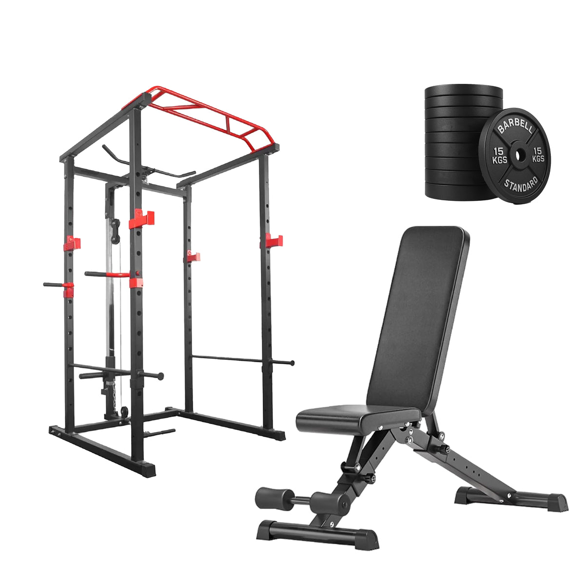 Power cage set with weight plates and adjustable bench