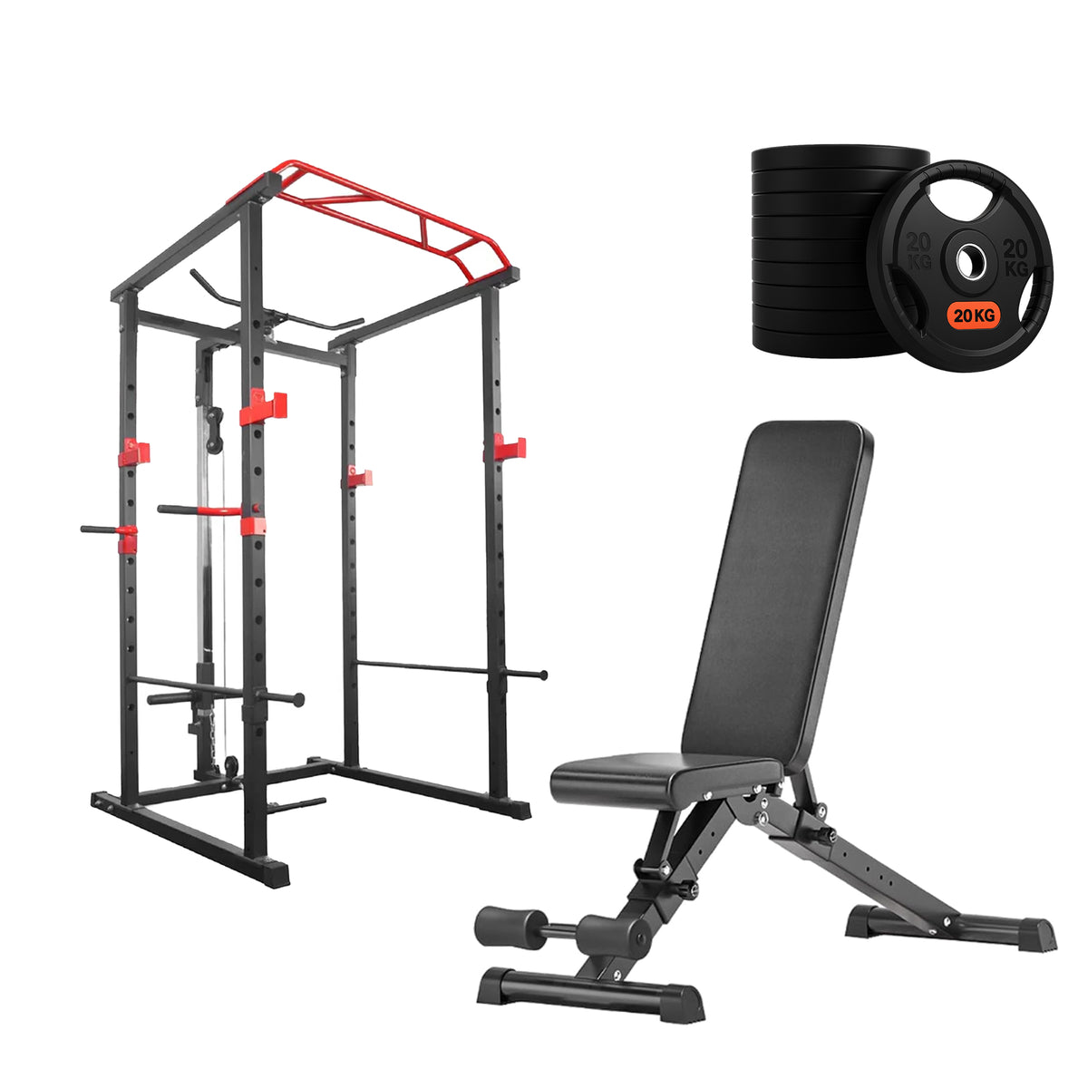 Power cage set with weight plates and adjustable bench