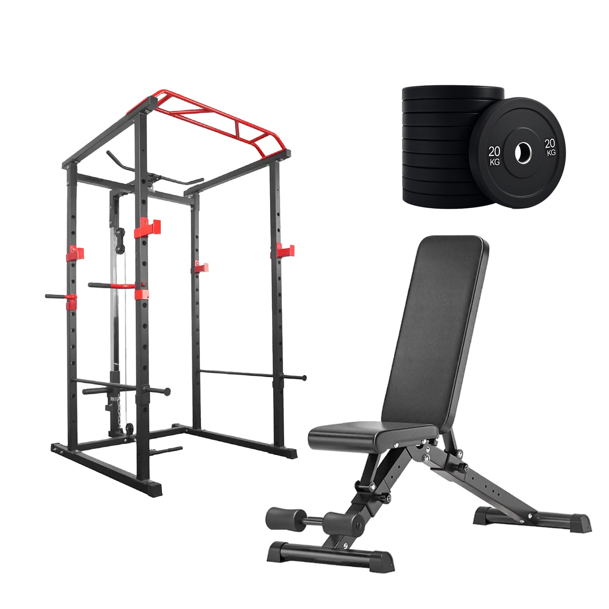 Power cage set with weight plates and adjustable bench