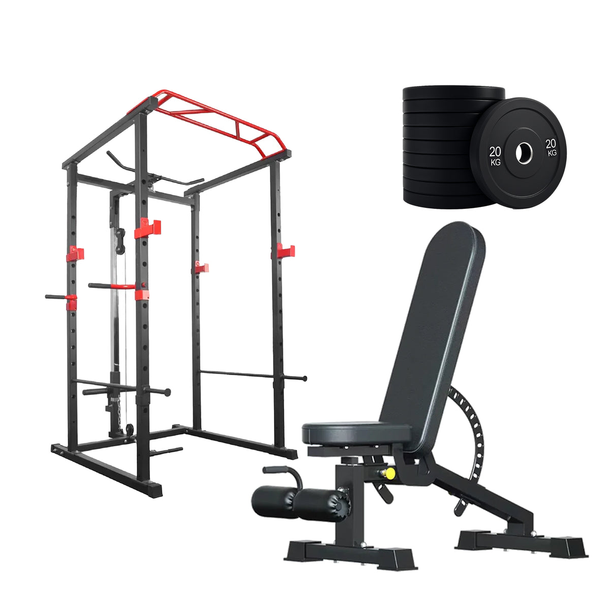 Power cage set with weight plates and adjustable bench