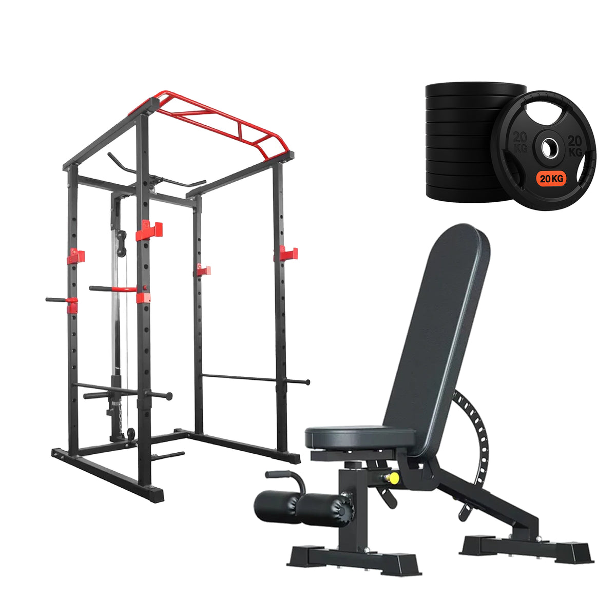 Power cage set with weight plates and adjustable bench