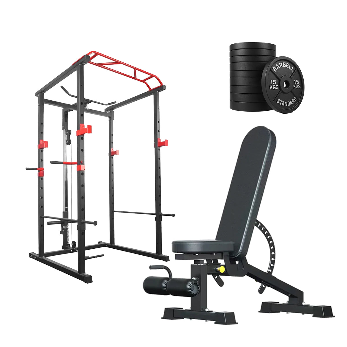 Power cage set with weight plates and adjustable bench
