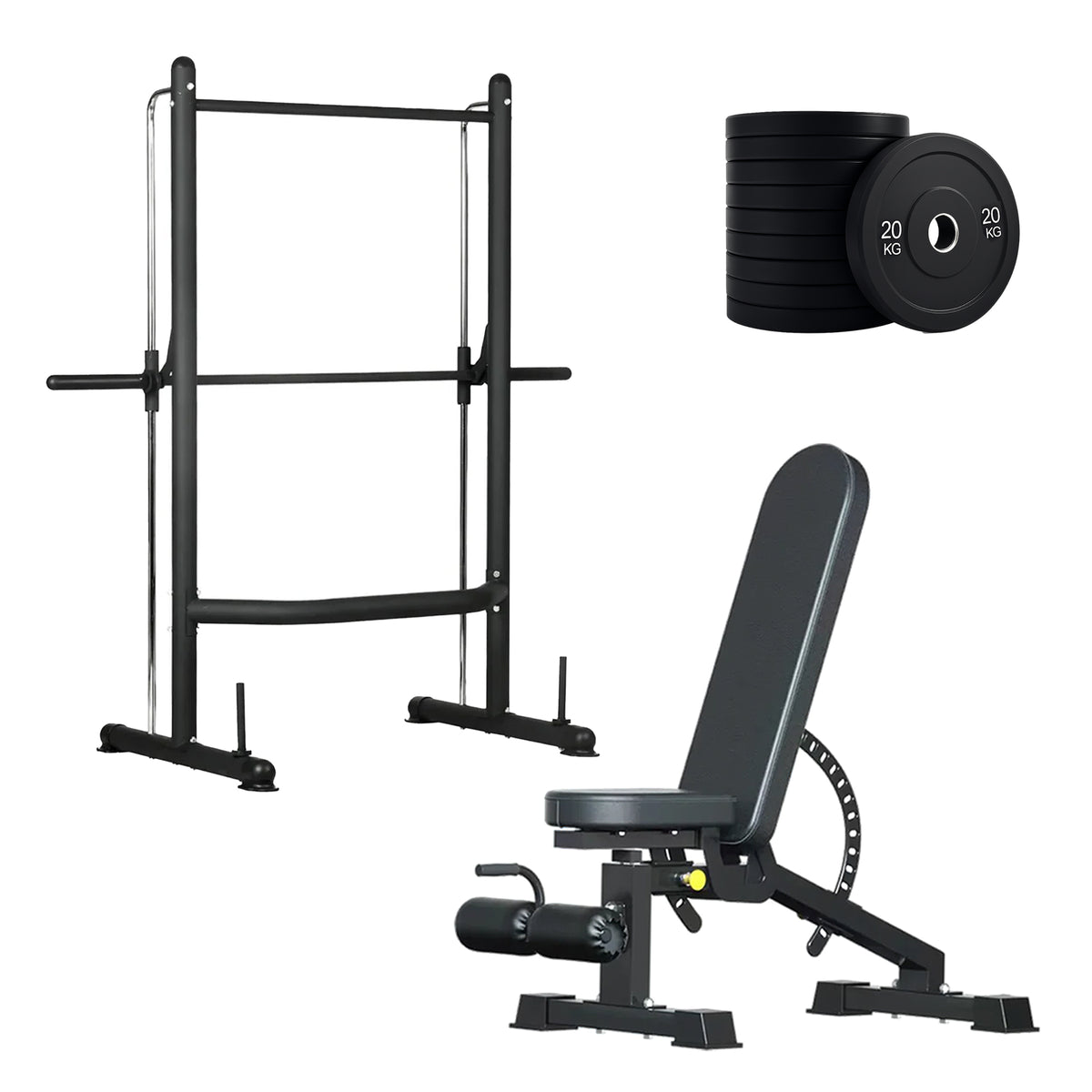 Squat rack set with weight plates and adjustable bench