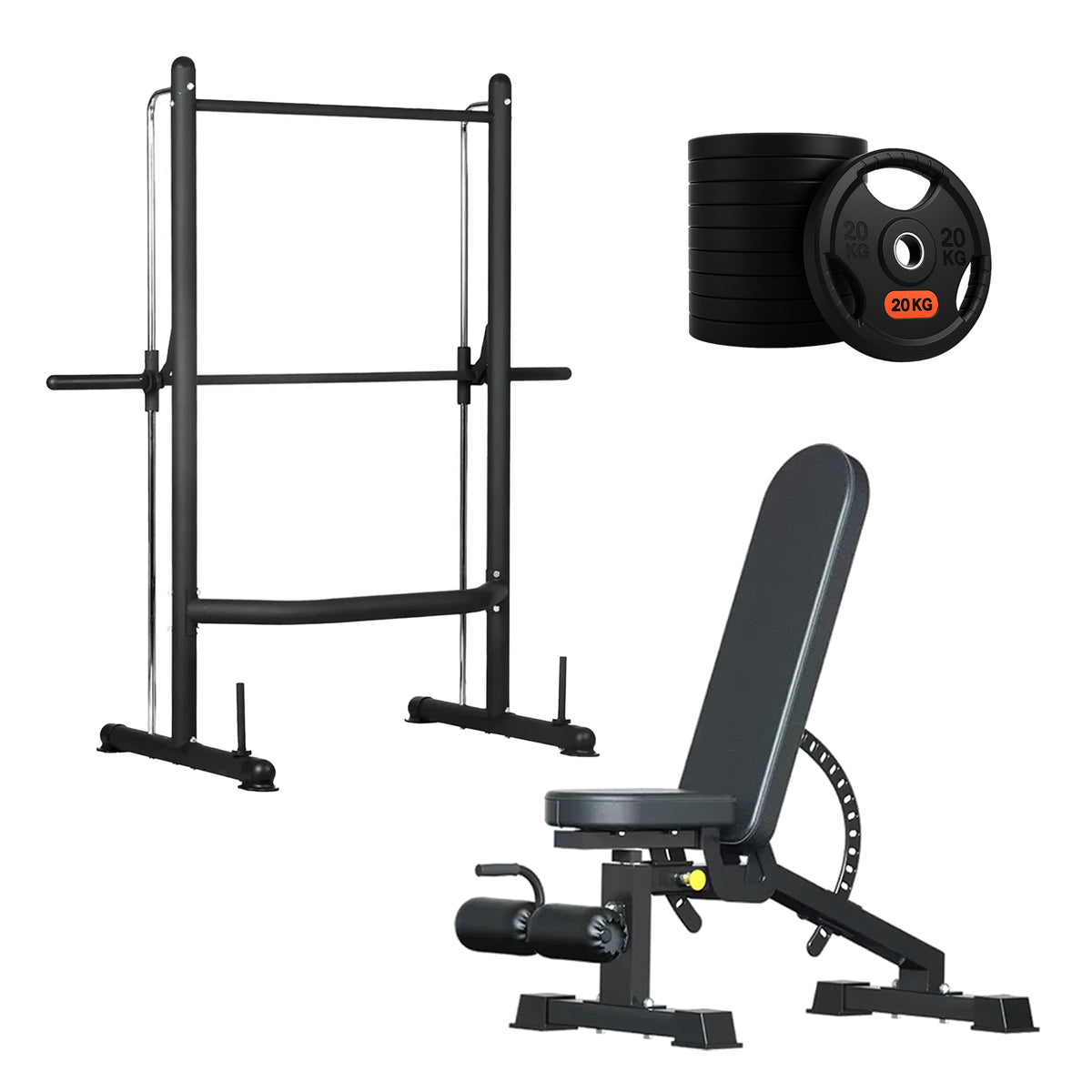Squat rack set with weight plates and adjustable bench