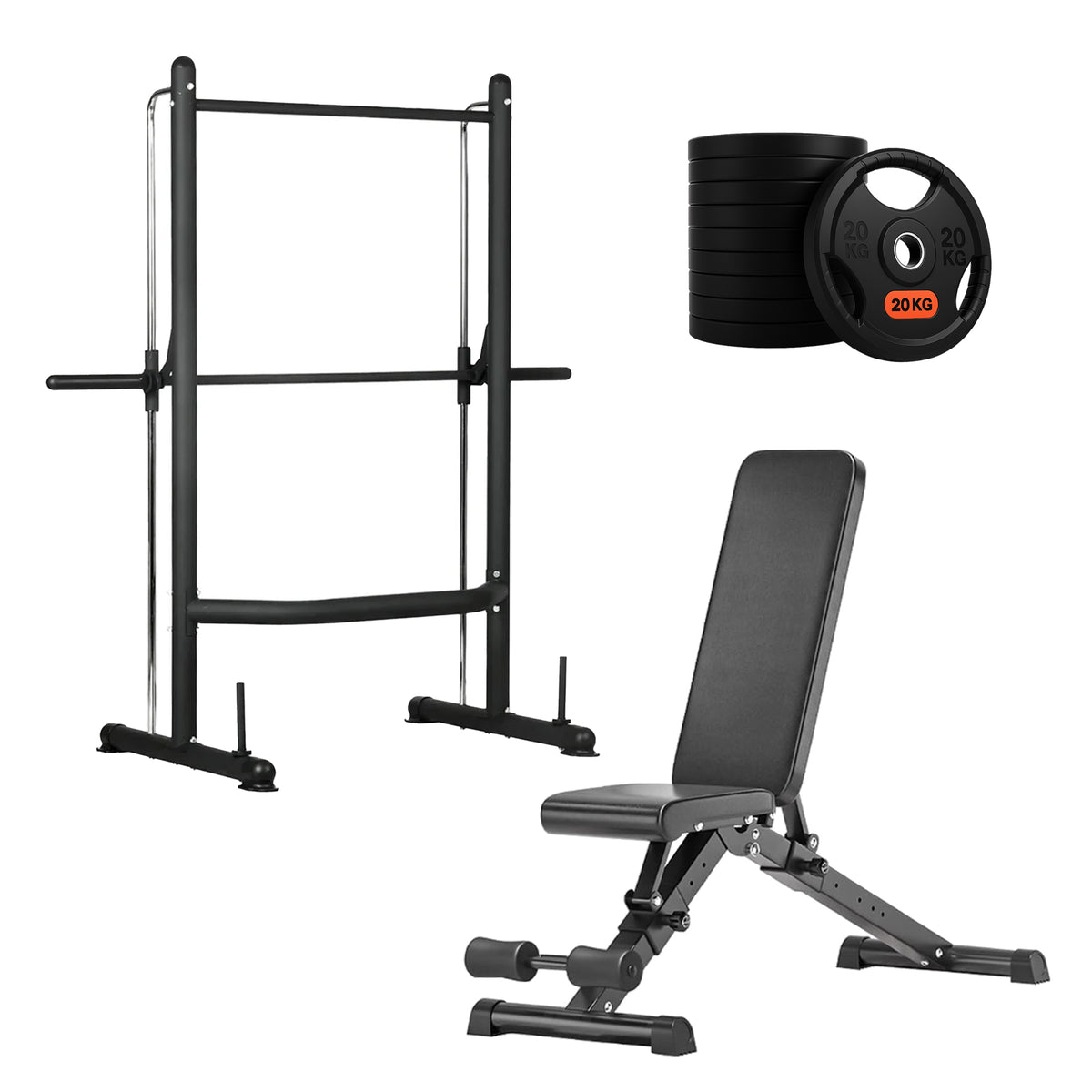 Squat rack set with weight plates and adjustable bench