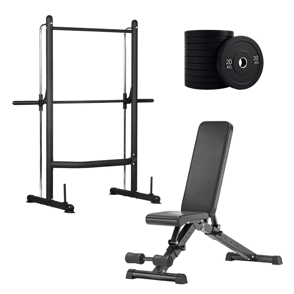 Squat rack set with weight plates and adjustable bench