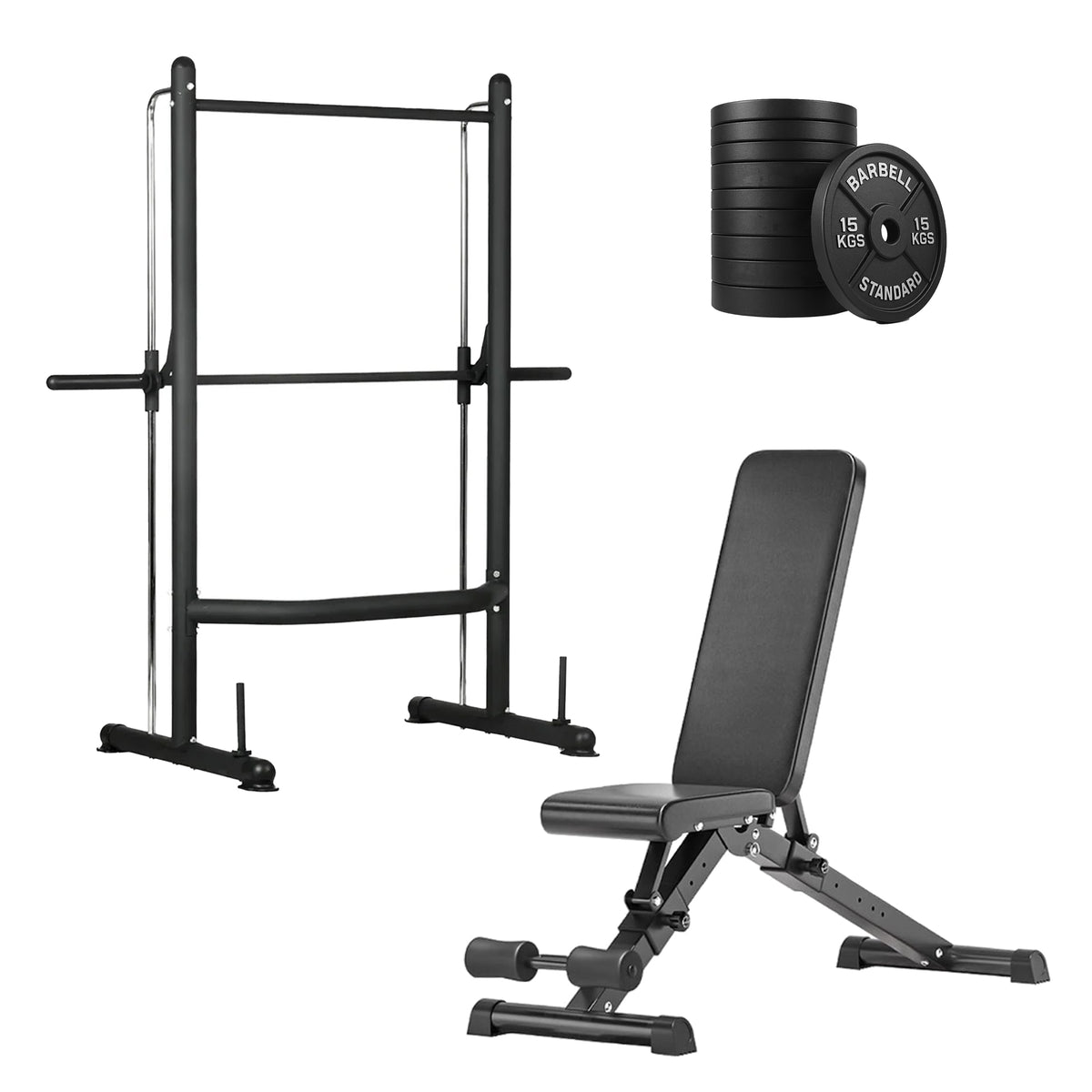Squat rack set with weight plates and adjustable bench