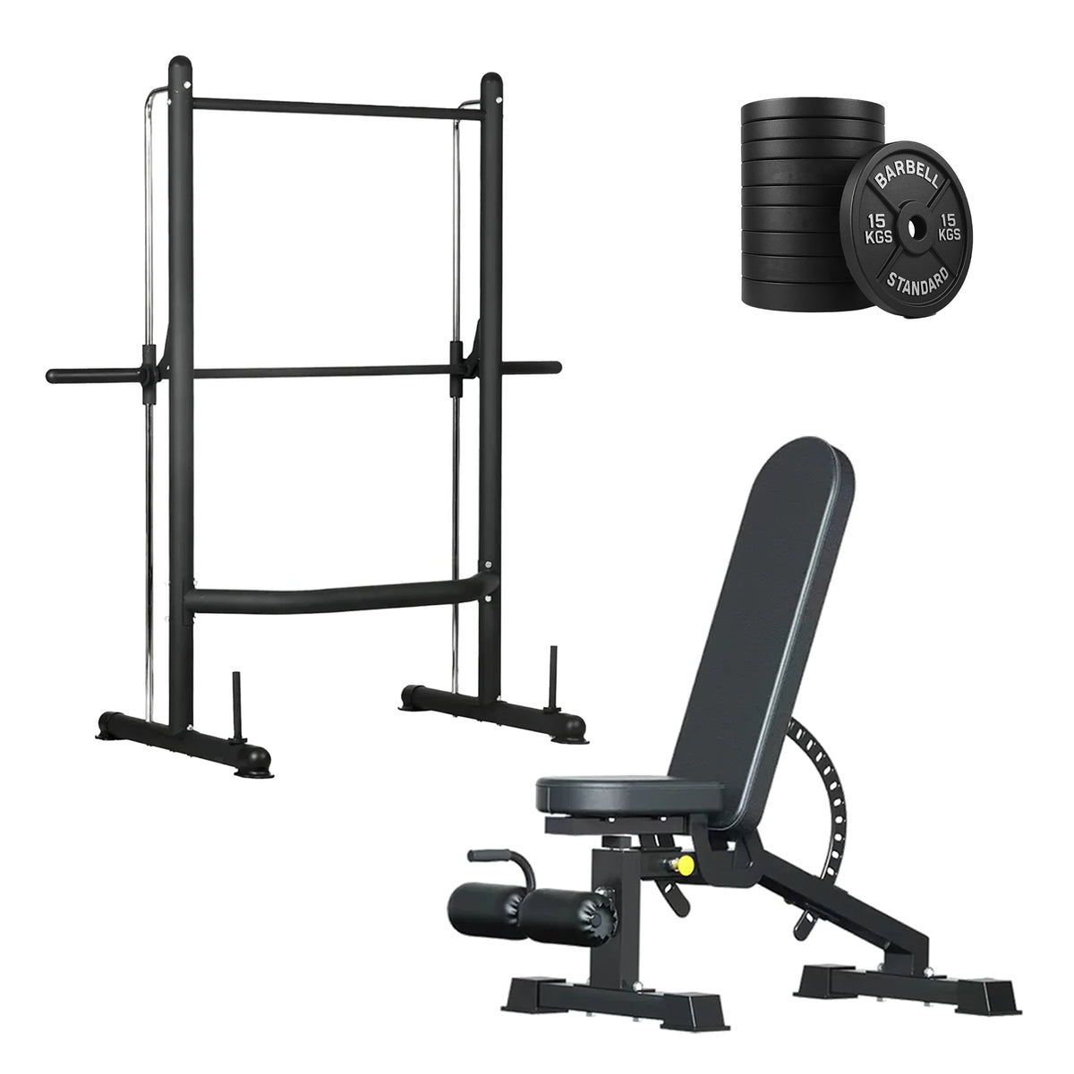 Squat rack set with weight plates and adjustable bench