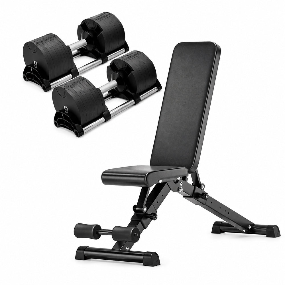 Adjustable dumbbell pair with weight bench