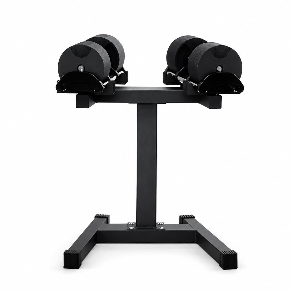 Adjustable dumbbells on a storage stand