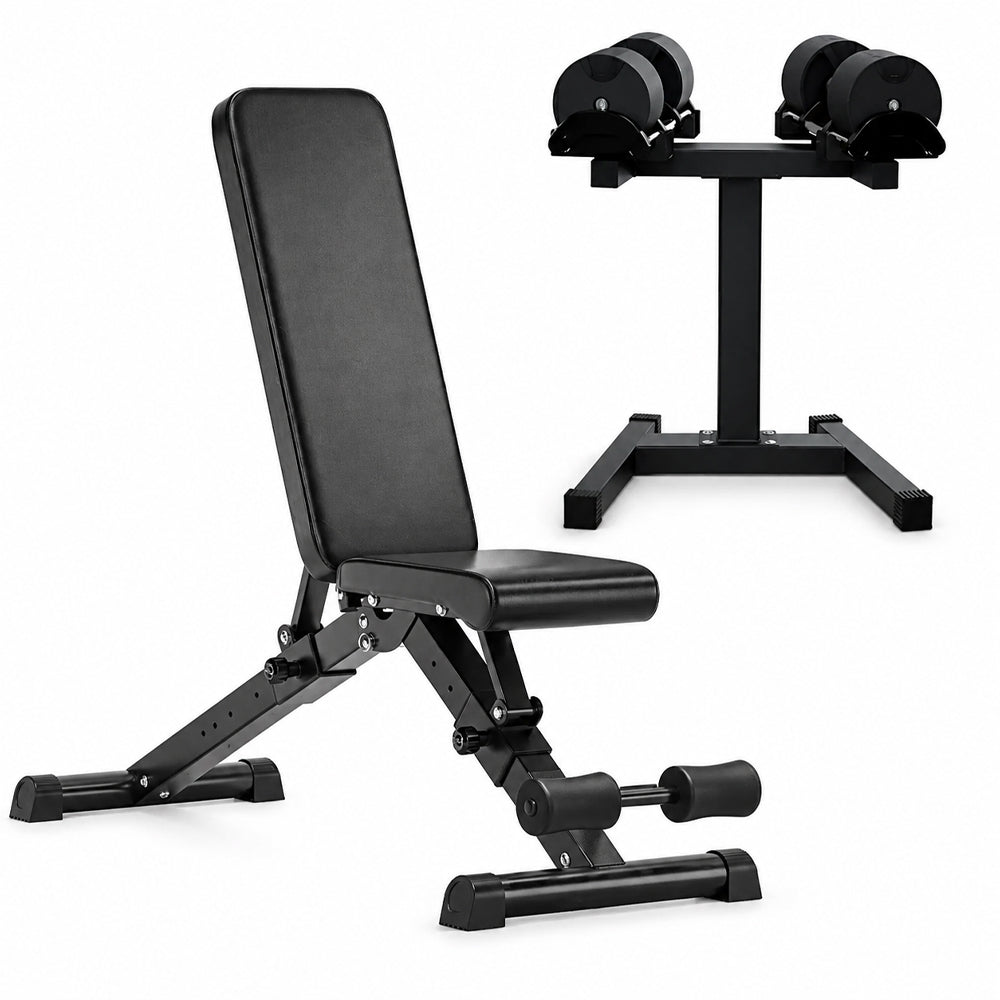 Adjustable dumbbells, stand and weight bench