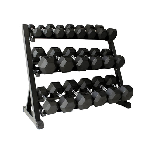 Hex dumbbells on a three-tier storage rack