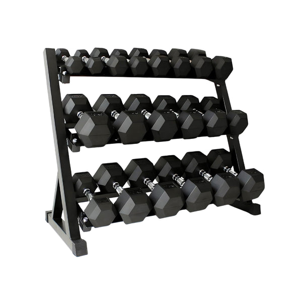 Hex dumbbells on a three-tier storage rack