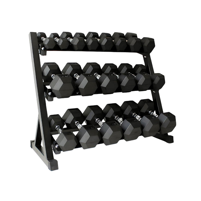 Hex dumbbells on a three-tier storage rack