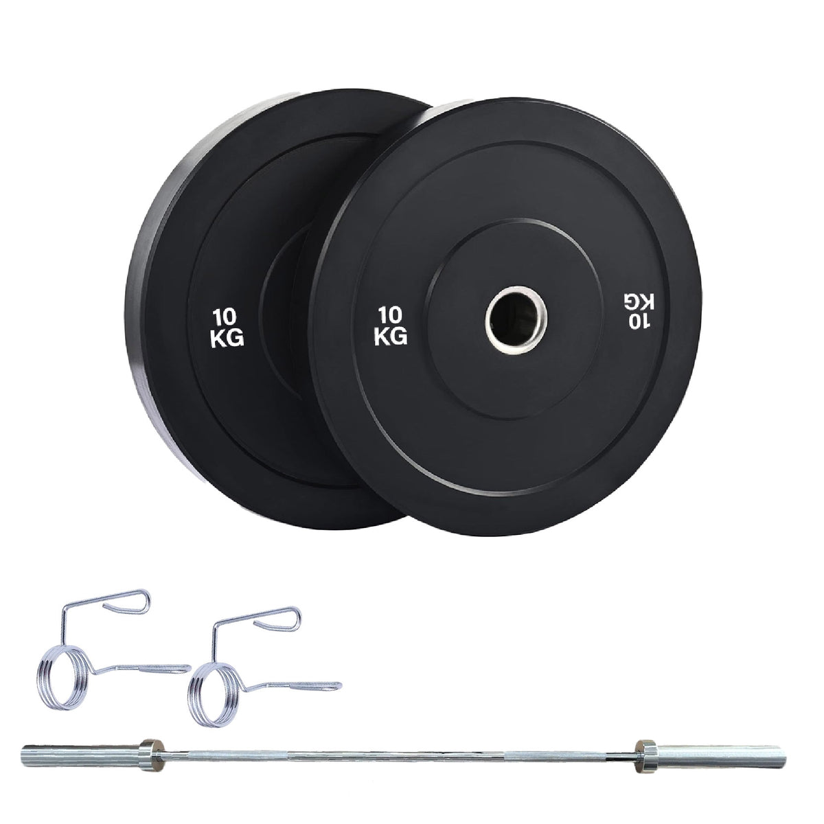 Olympic bumper plate set with barbell and spring collars