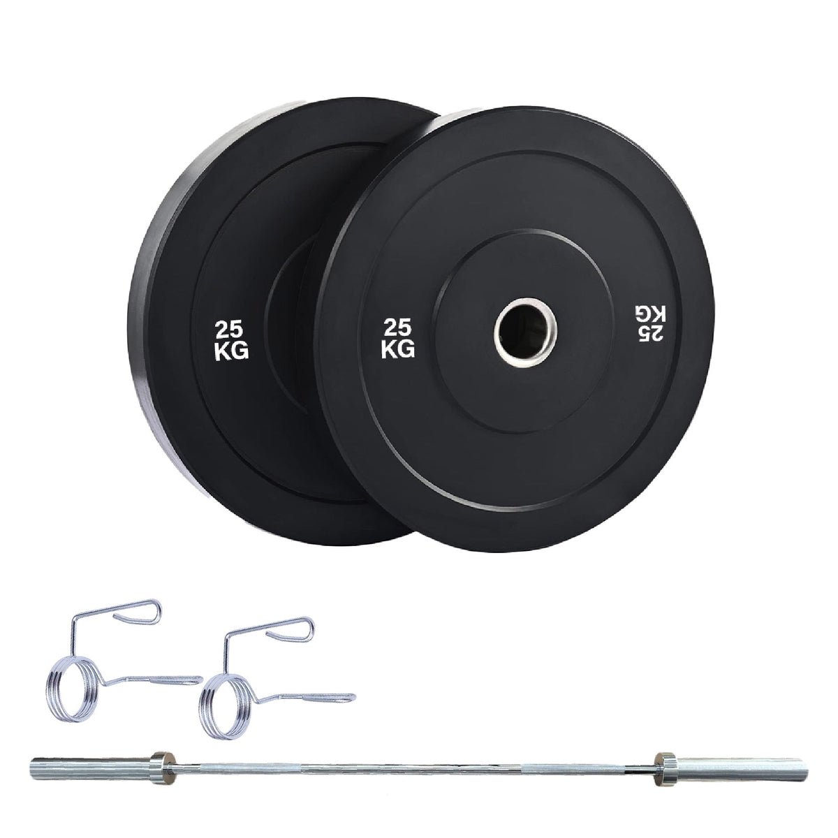 Olympic bumper plate set with barbell and spring collars