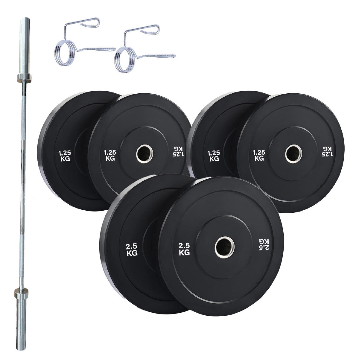 Olympic bumper plate set with barbell and spring collars