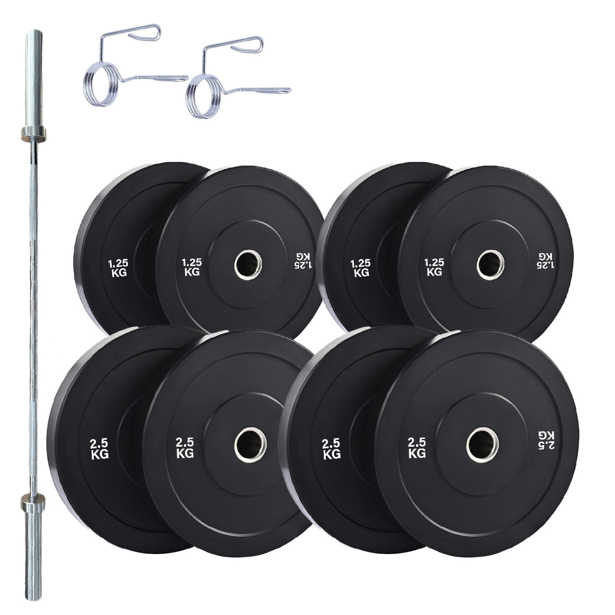 Olympic bumper plate set with barbell and spring collars